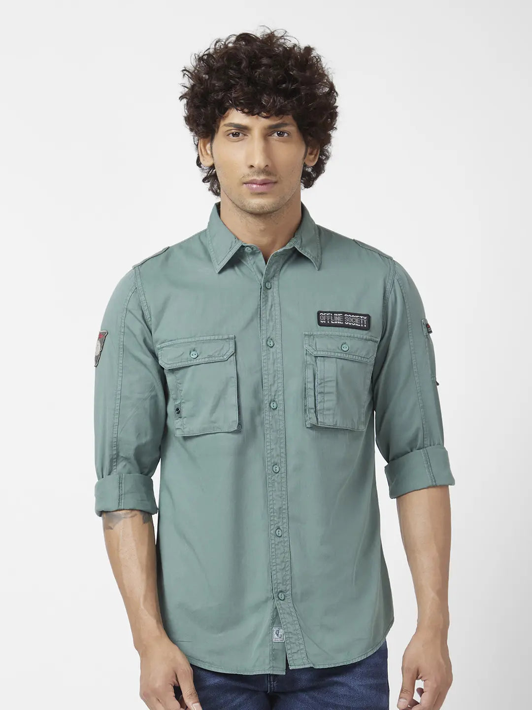 Spykar Men Military Green Twill Regular Slim Fit Full Sleeve Denim Shirt