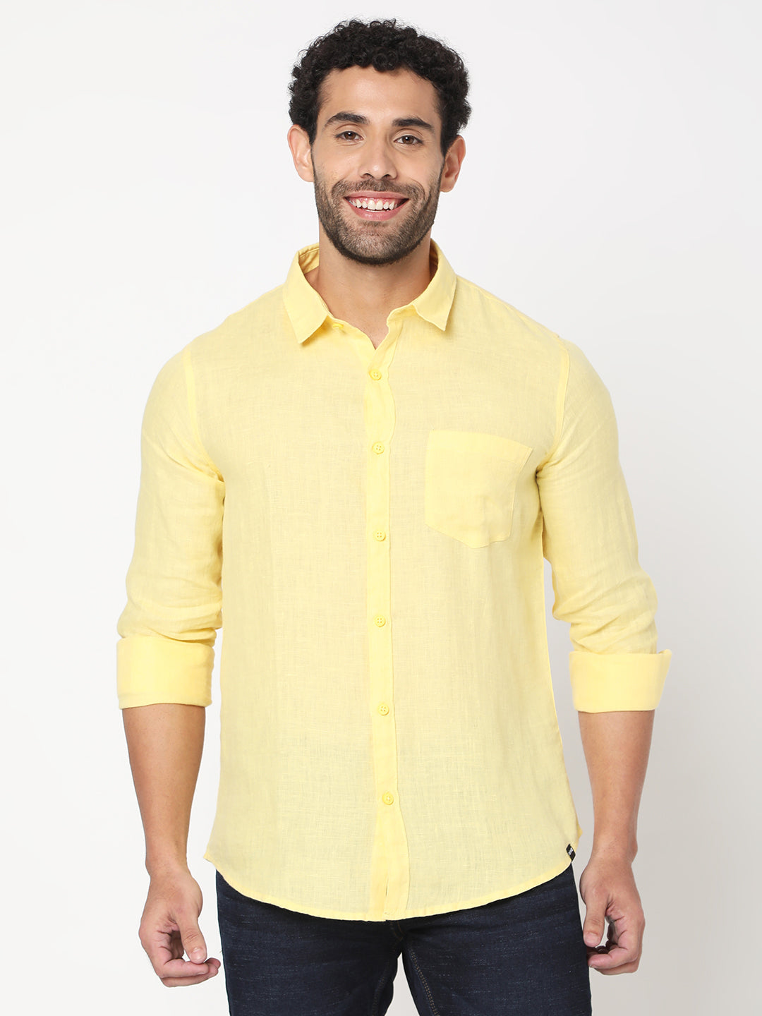 Spykar Men Yellow Cotton Slim Fit Full Plain Shirt