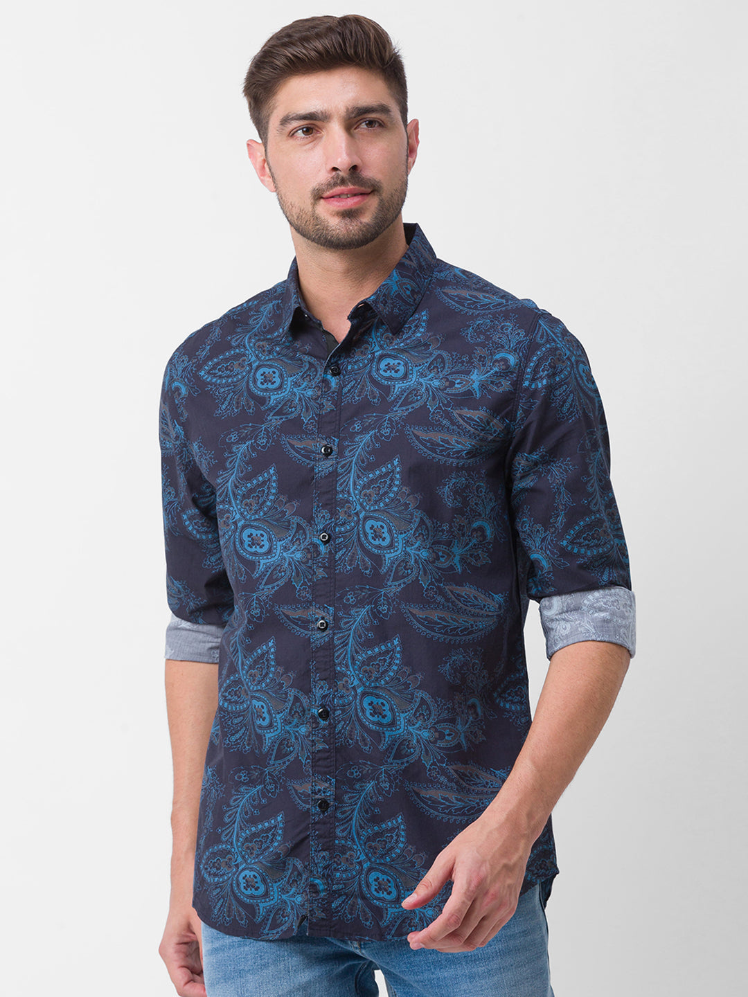 Spykar Black Cotton Full Sleeve Printed Shirt For Men