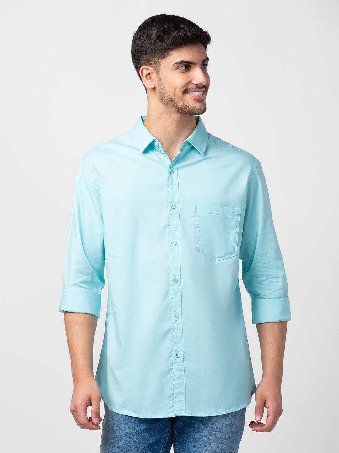 Spykar Men Bleached Aqua Cotton Slim Fit Plain Shirt