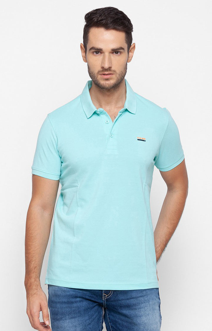 Spykar Men Aqua Blue Cotton Slim Fit Plain Polo Collar Tshirt