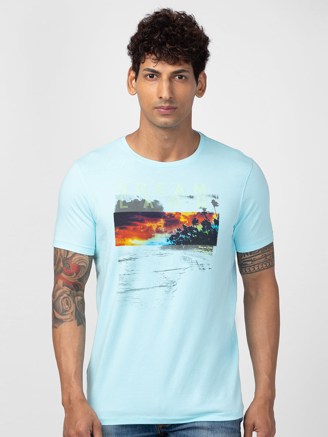 Spykar Men Bleached Aqua Cotton Regular Fit Half Sleeve Printed T-Shirt