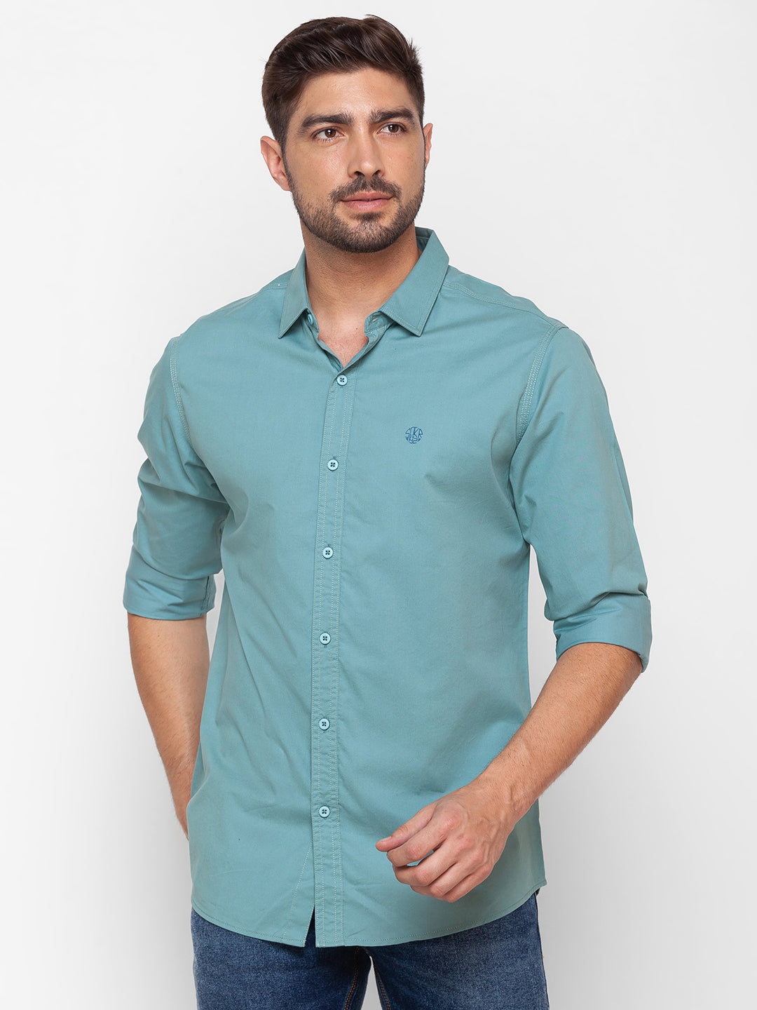 Spykar Sage Green Cotton Full Sleeve Plain Shirt For Men