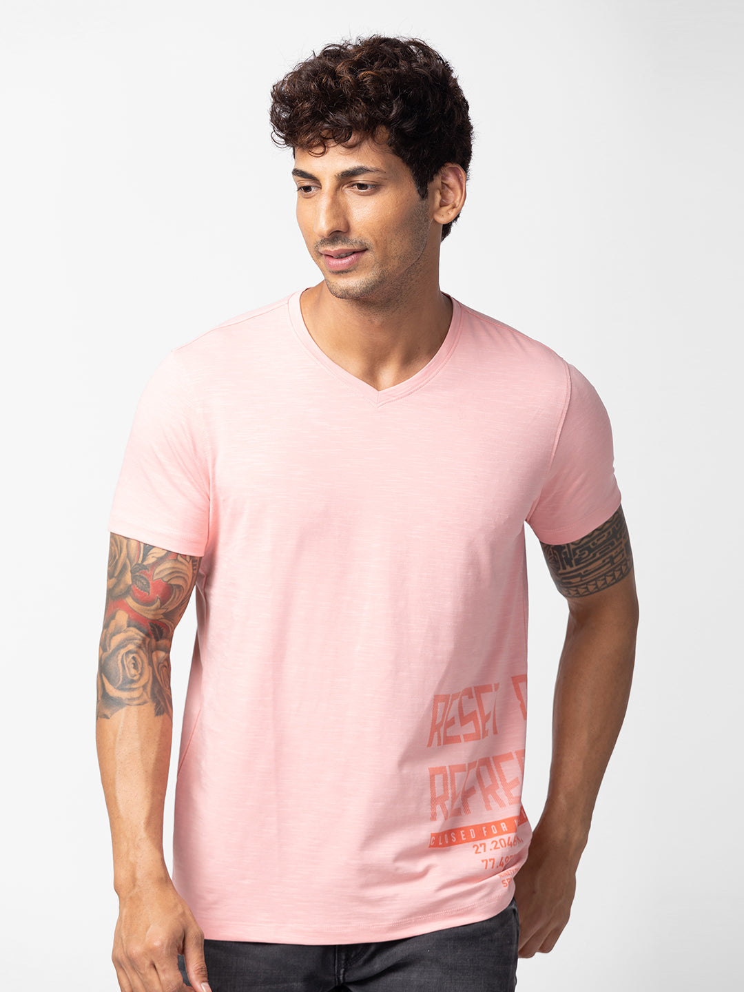 Spykar Men Pink Cotton Regular Fit Half Sleeve Printed T-Shirt