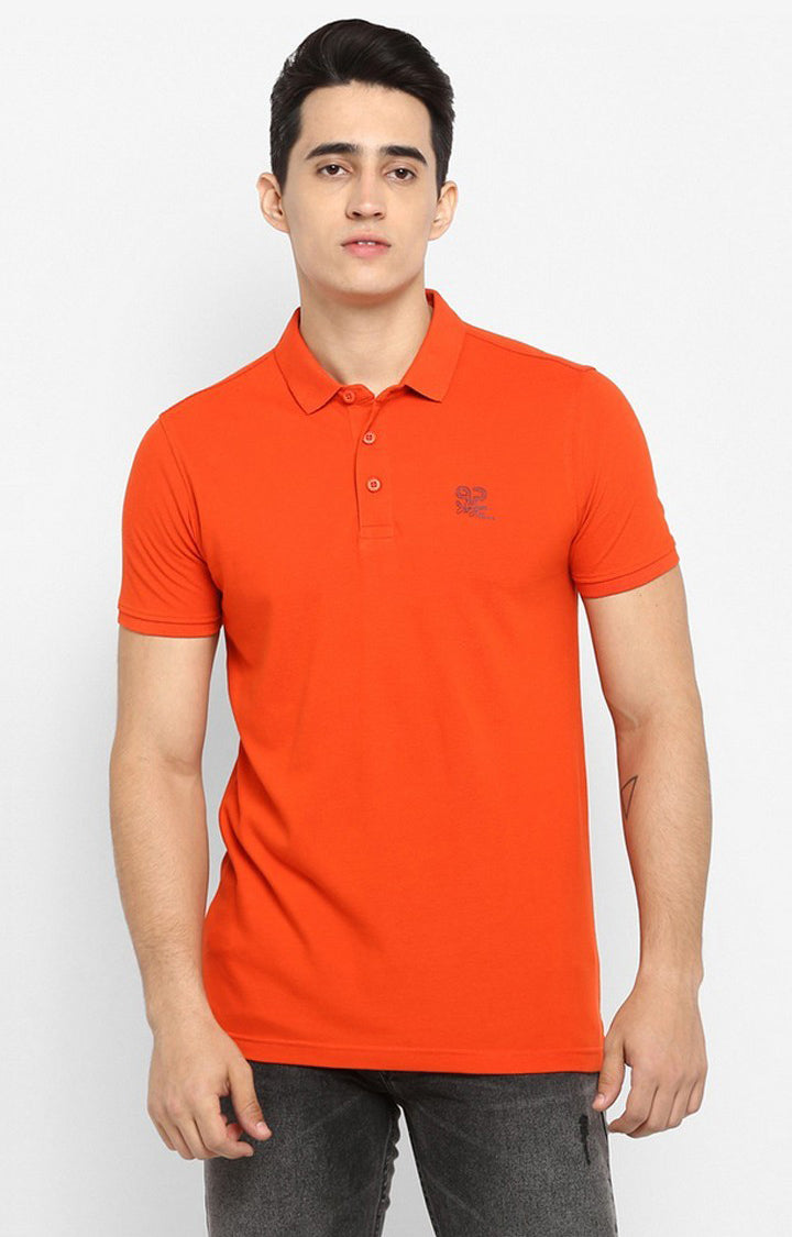 Spykar Orange Solid Slim Fit Polo T-Shirt