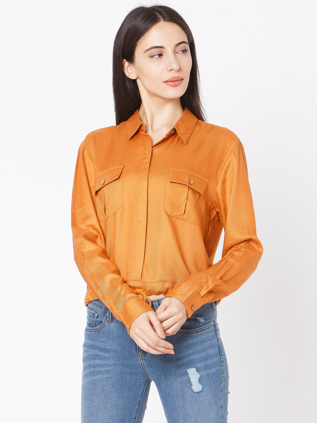 Spykar Slim Fit Tan Brown Viscose Women Shirts