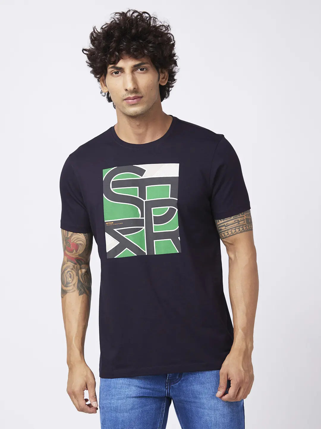 Spykar Men Navy Blue Blended Slim Fit Half Sleeve Round Neck Casual Printed Tshirt