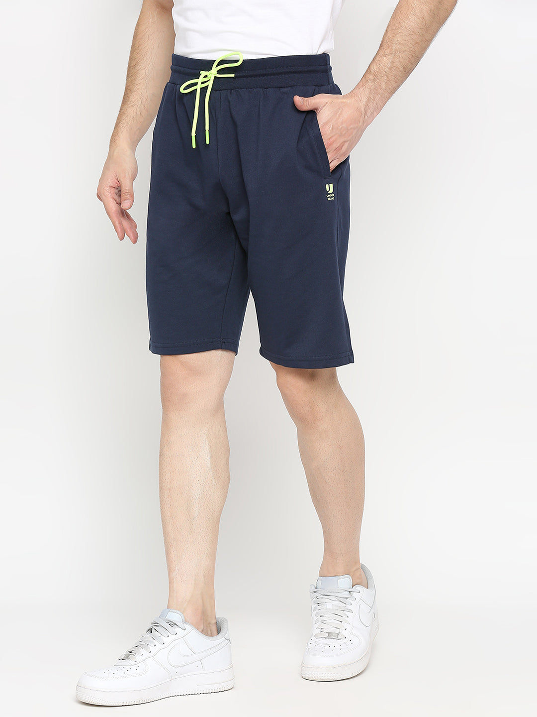 Men Premium Navy Cotton Blend Shorts - Underjeans By Spykar