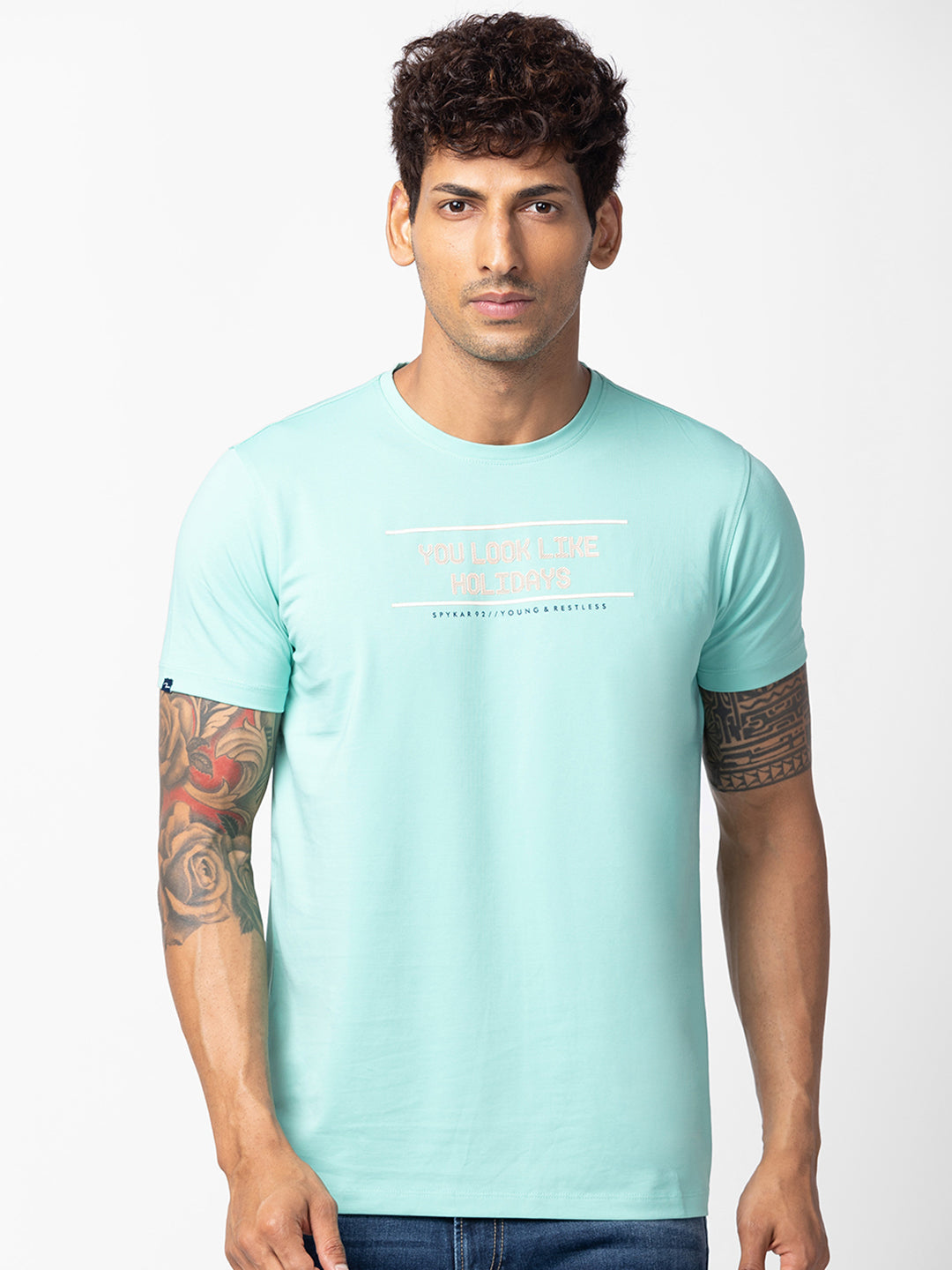 Spykar Men Ice Green Cotton Regular Fit Half Sleeve Printed T-Shirt