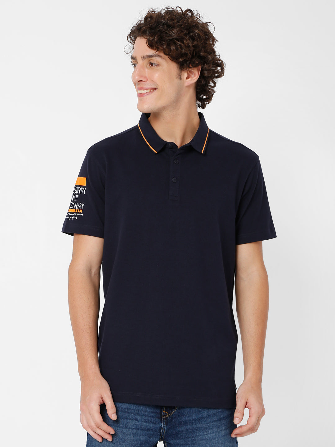 Spykar Men Blue Cotton Slim Fit Plain Polo T-Shirt