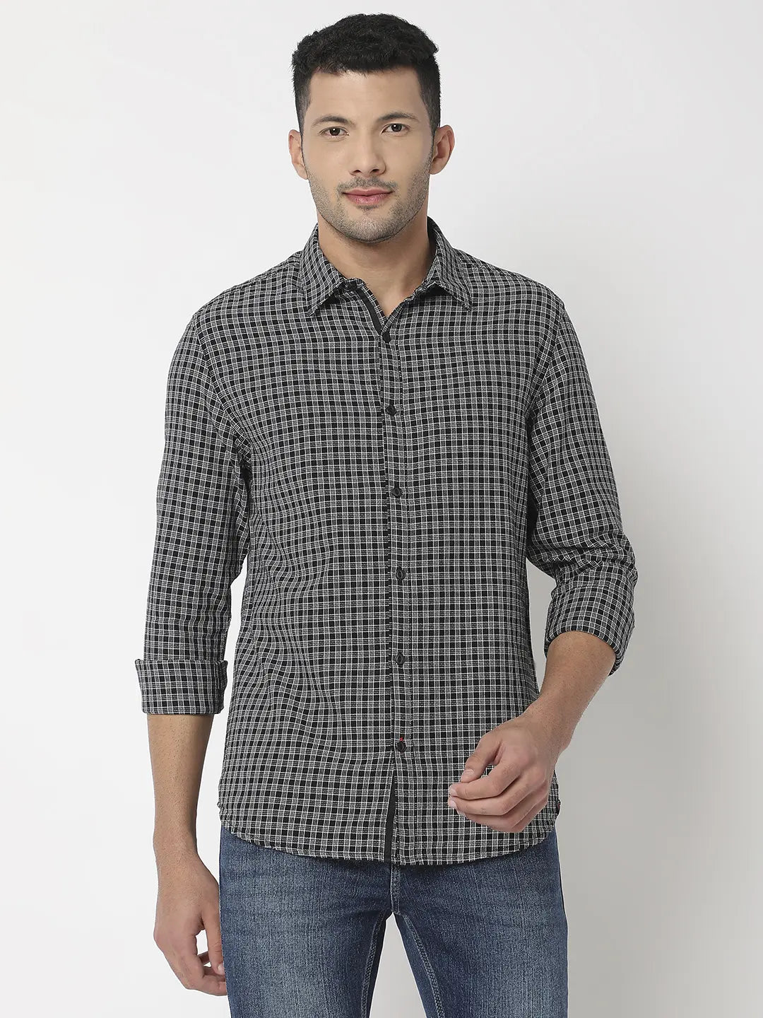 Spykar Men Black Cotton Slim Fit Checkered Shirt