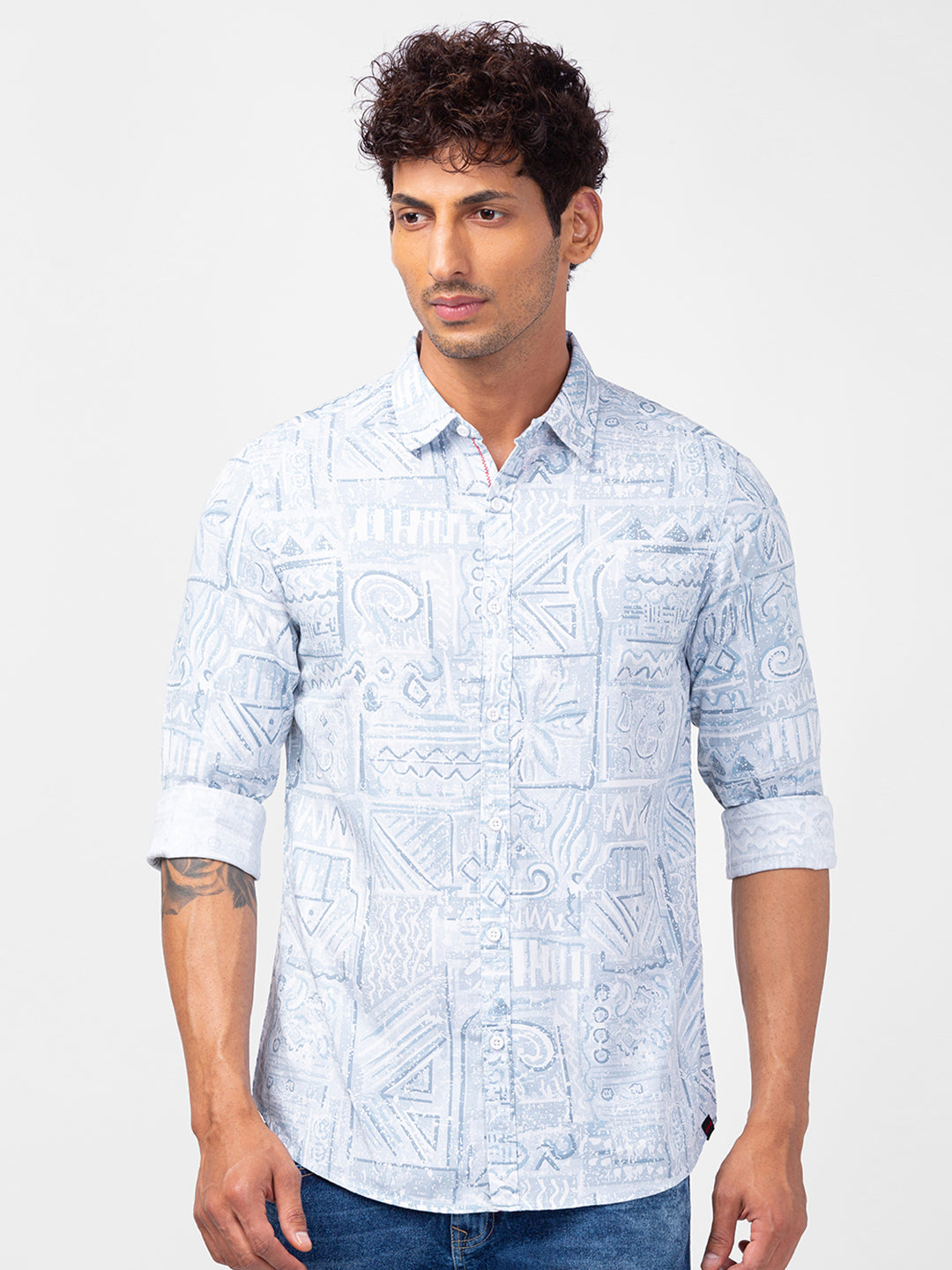 Spykar Men Grey Cotton Slim Fit Printed Shirts