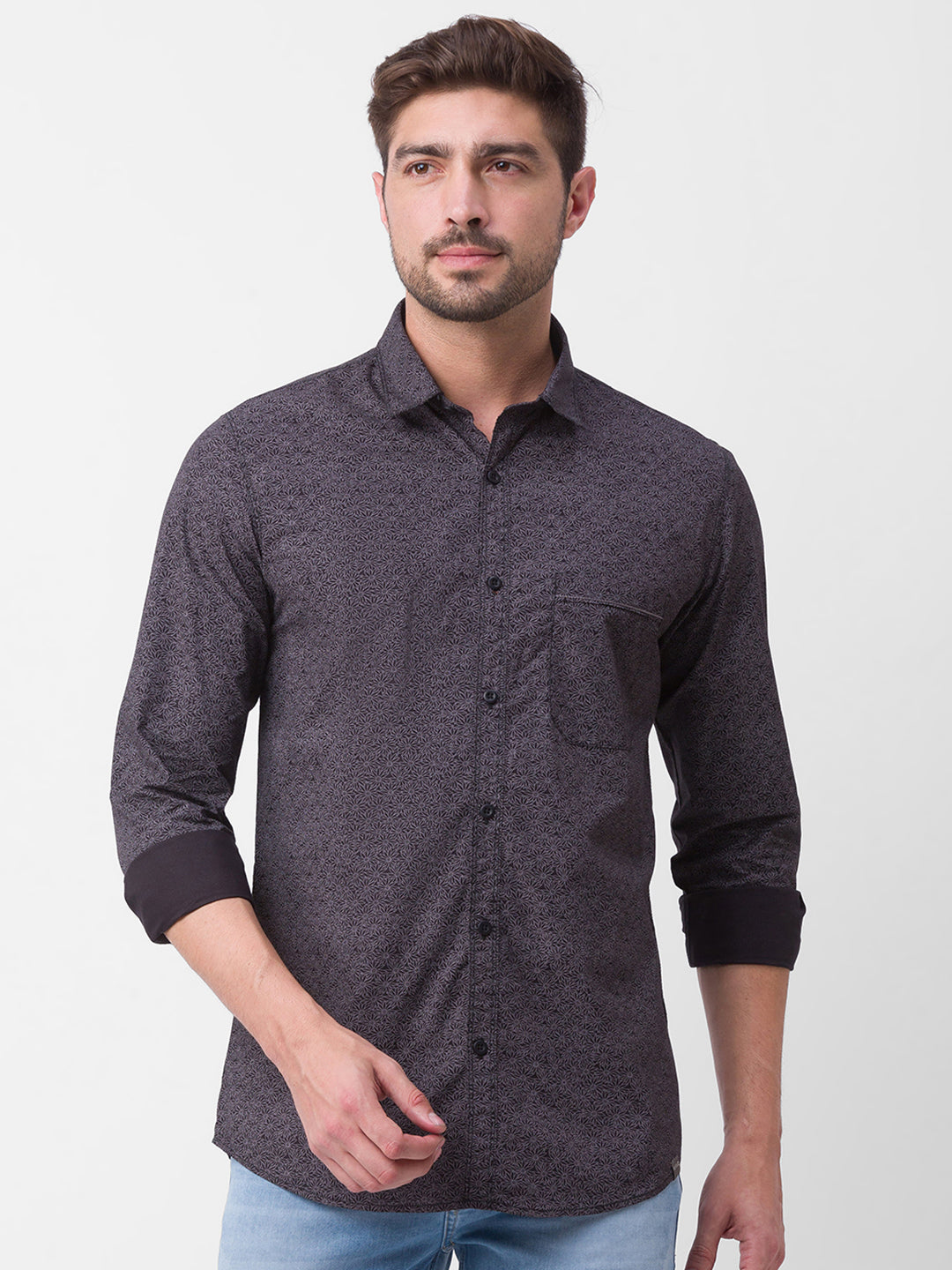 Spykar Black Cotton Full Sleeve Printed Shirt For Men