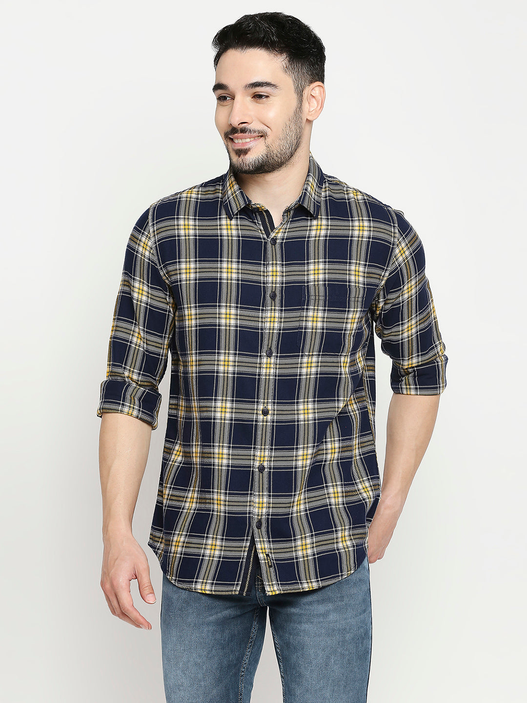 Spykar Navy Yellow Cotton Full Sleeve Checkered Shirt For Men