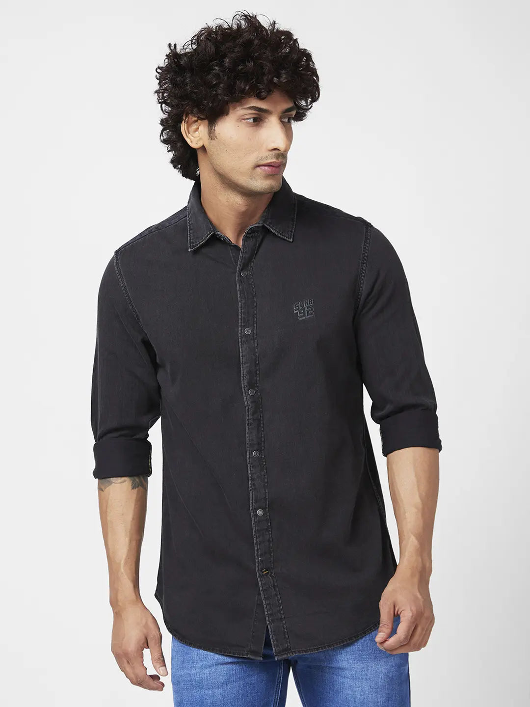 Spykar Men Dark Grey Cotton Slim Fit Full Sleeve Casual Denim Shirt