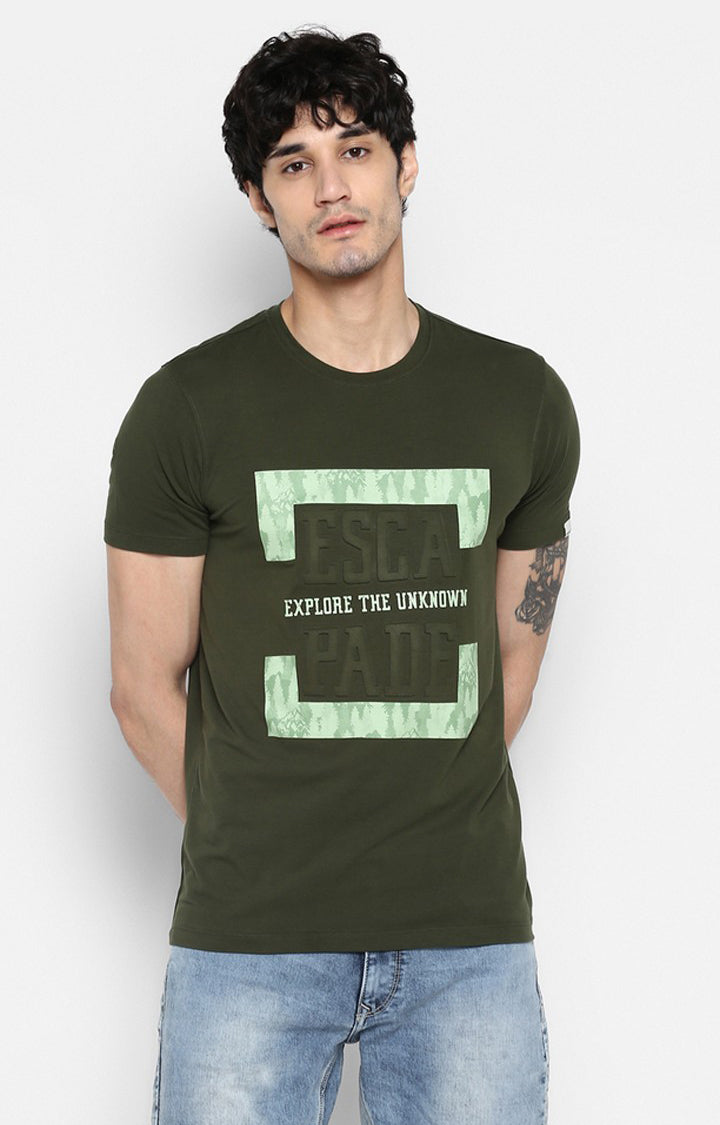 Spykar Olive Printed Slim Fit Men T-Shirts