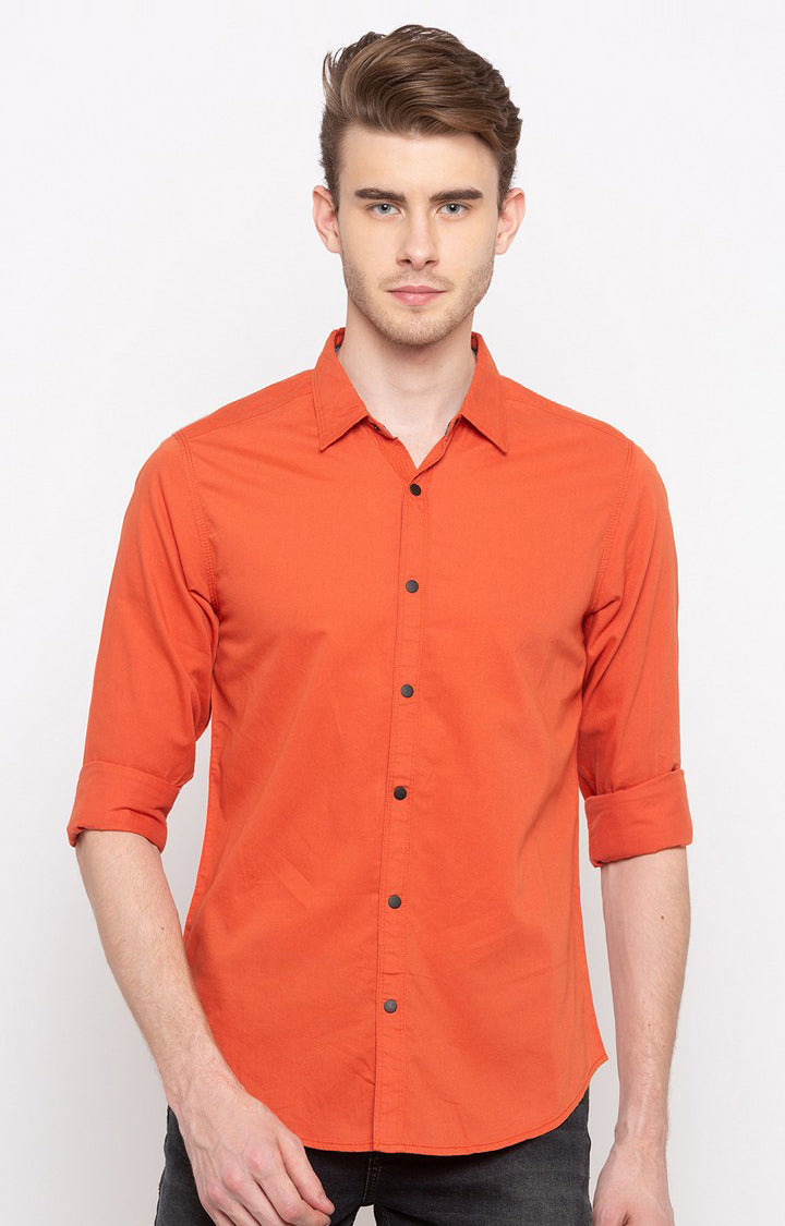 Spykar Men'S Orange Cotton Solid Casual Shirts