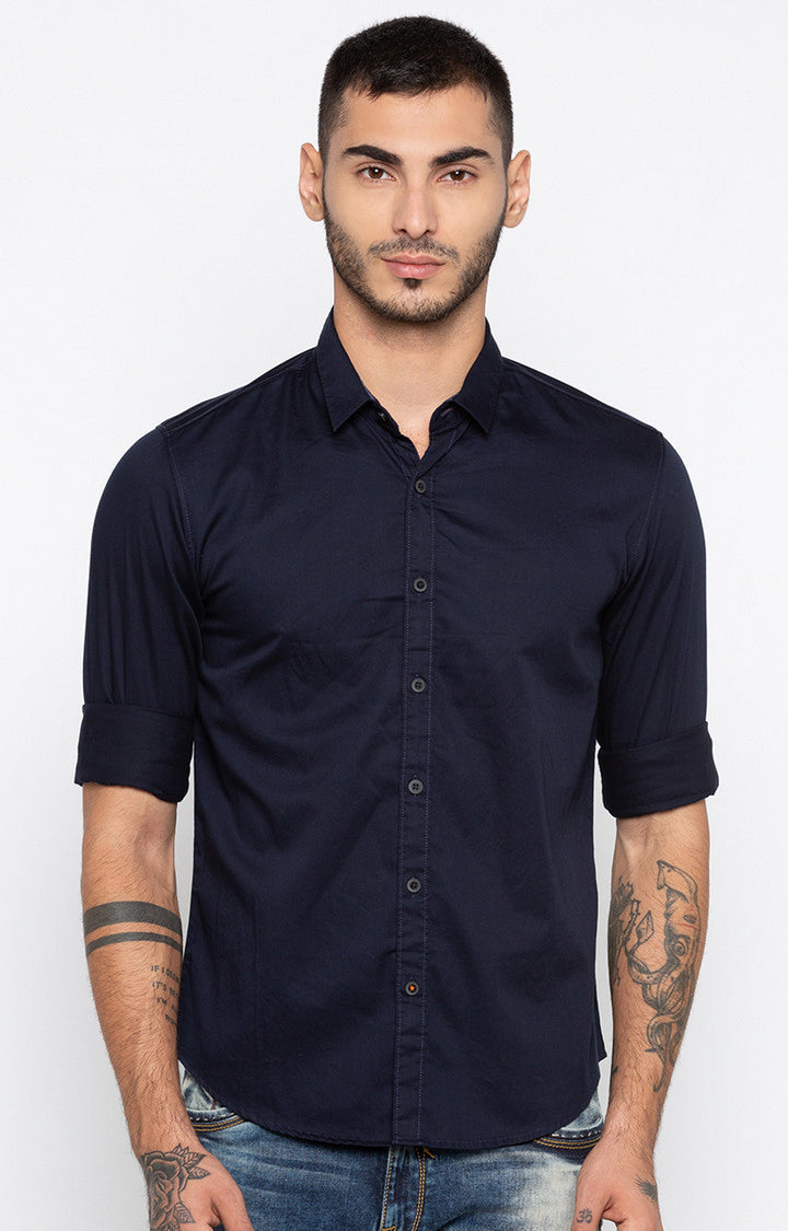 Spykar Men'S Blue Cotton Solid Casual Shirts