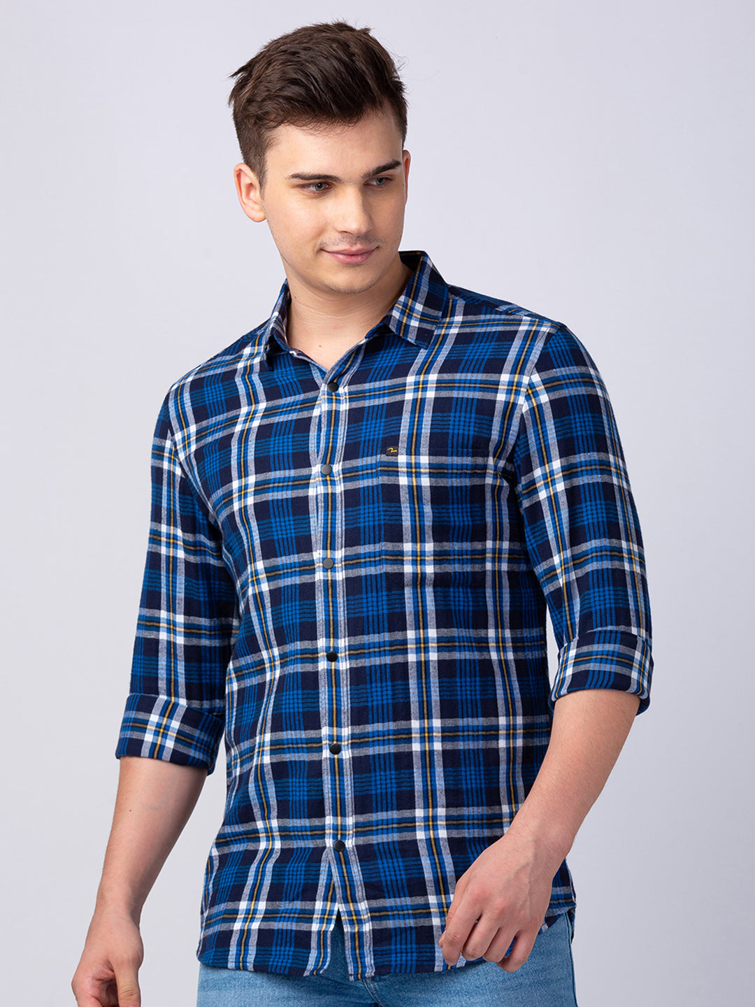 Spykar Men Navy Blue Cotton Slim Fit Checkered Shirt