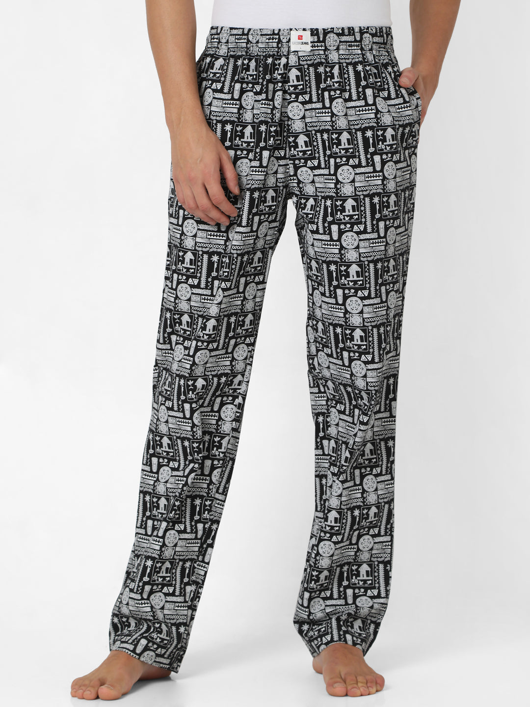 Men Premium Black & White Cotton Printed Pyjama - Underjeans By Spykar