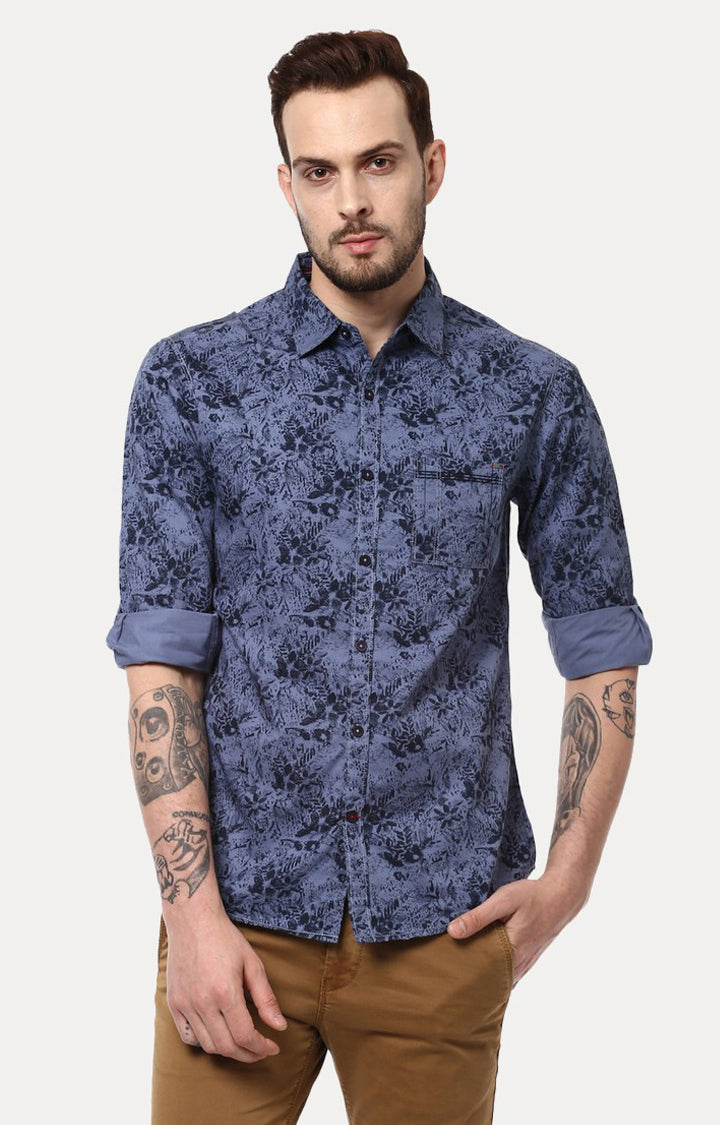 Spykar Men'S Blue Cotton Printed Casual Shirts