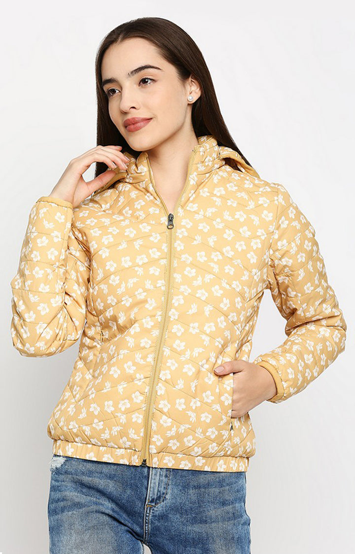 Spykar Women Yellow Cotton Regular Fit Hoodie Jacket