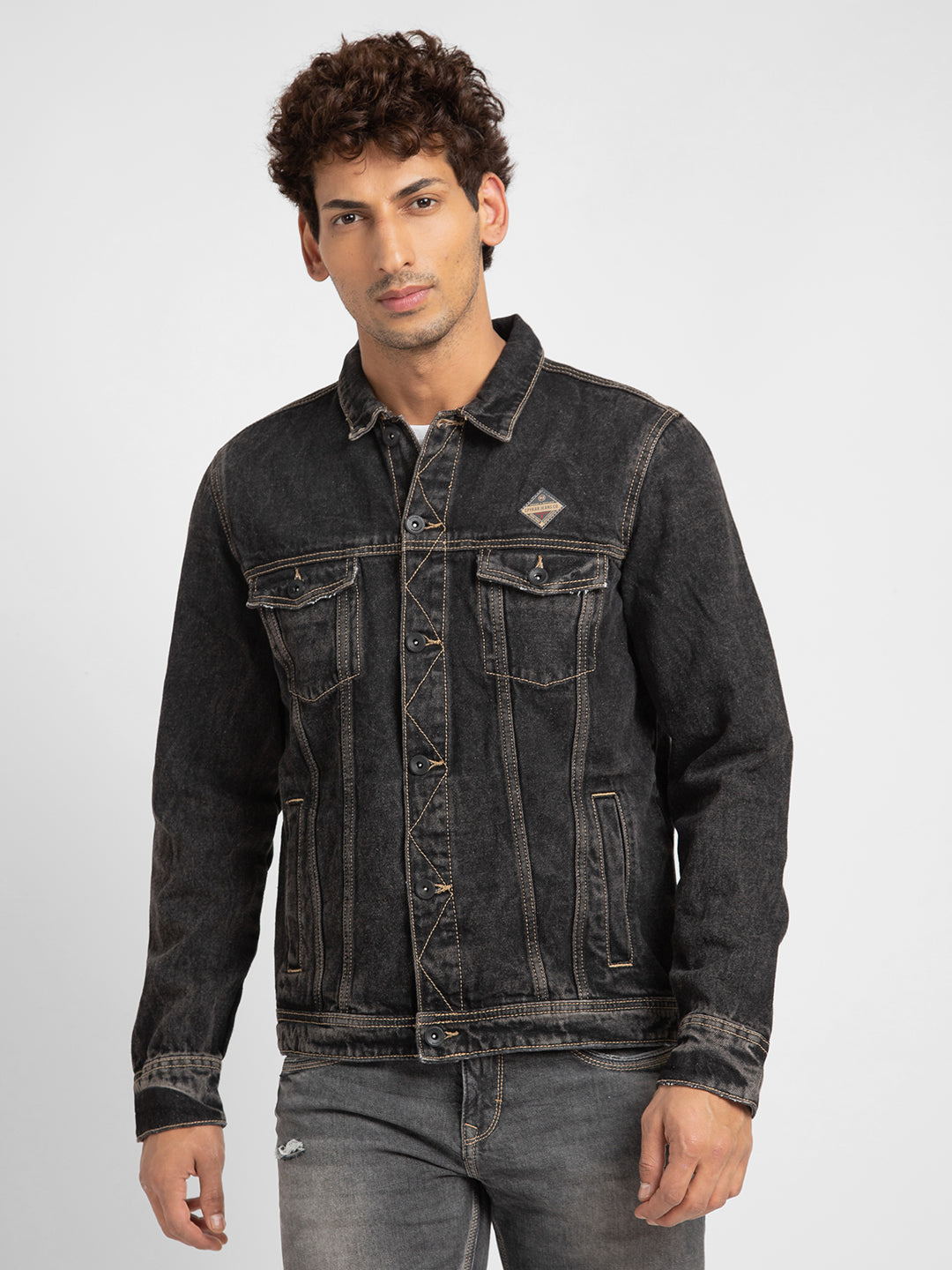 Spykar Men Black Cotton Slim Fit Denim Jacket