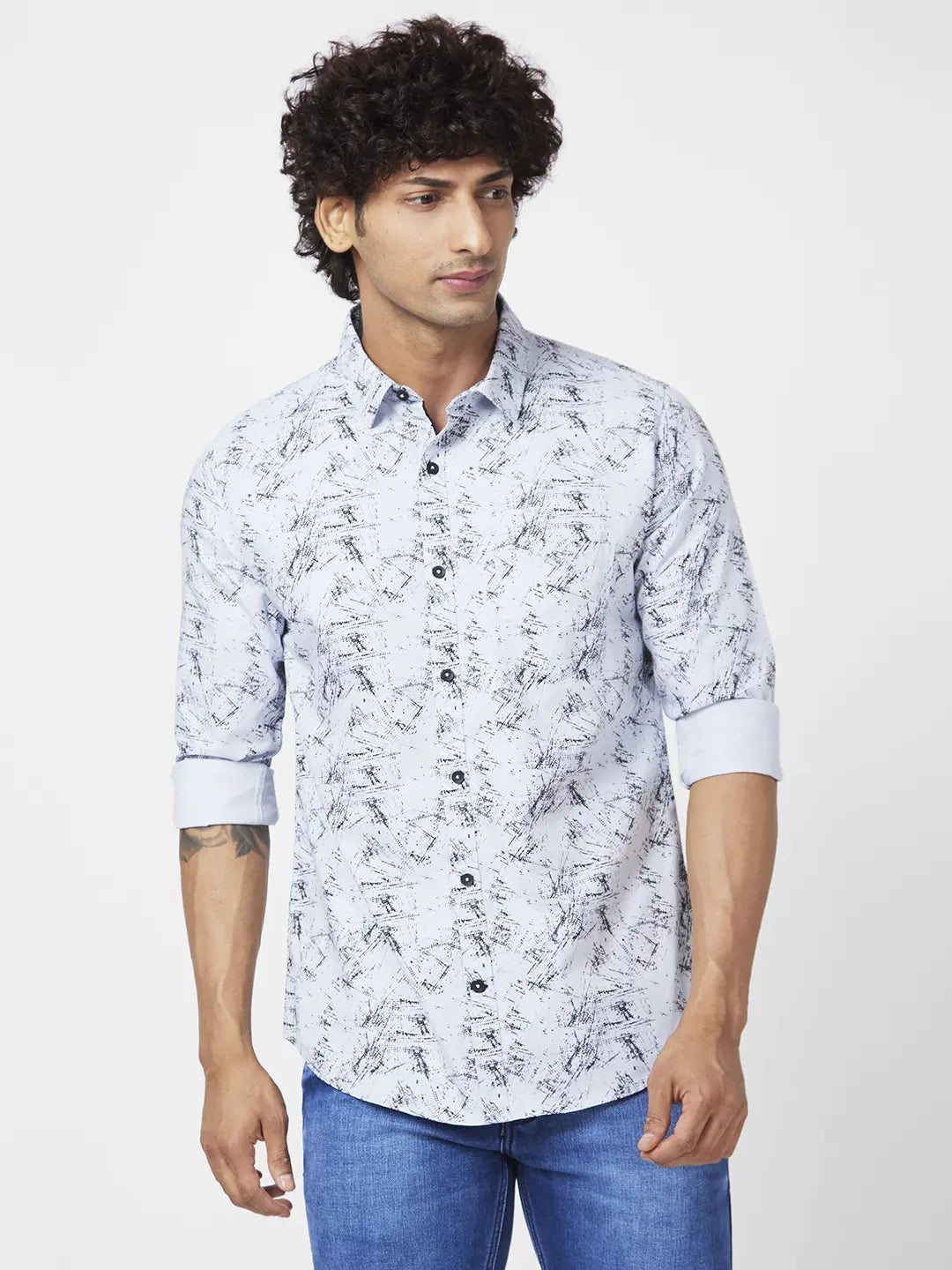 Spykar Men Silver Grey Cotton Regular Slim Fit Full Sleeve Causal Printed Shirt