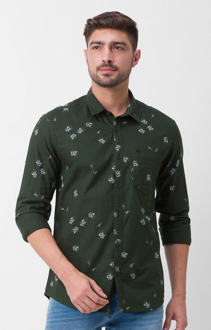 Spykar Olive Green Cotton Full Sleeve Printed Shirt For Men