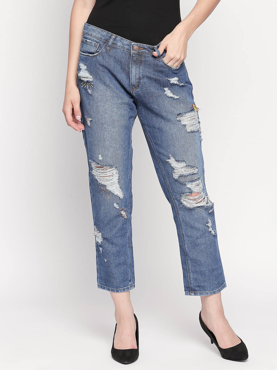 Spykar Mid Blue Ripped High Rise Jeans For Women