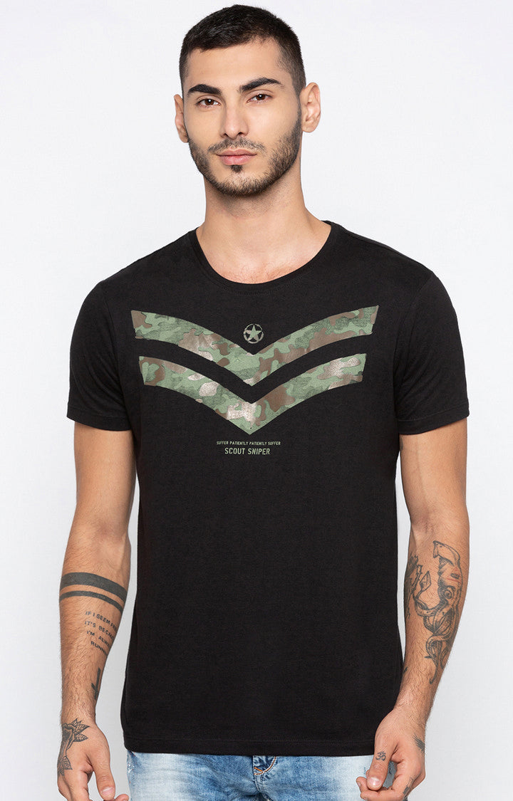 Spykar Black Printed Slim Fit Men T-Shirts