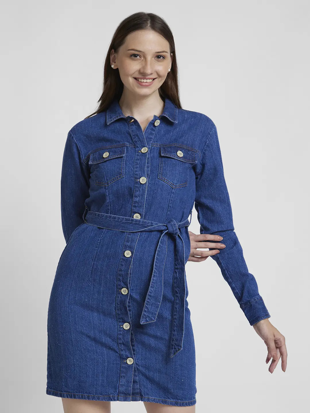 Buy Online Spykar Women Mid Blue Cotton Regular Fit Classic Collar Knee Length Denim Dress
