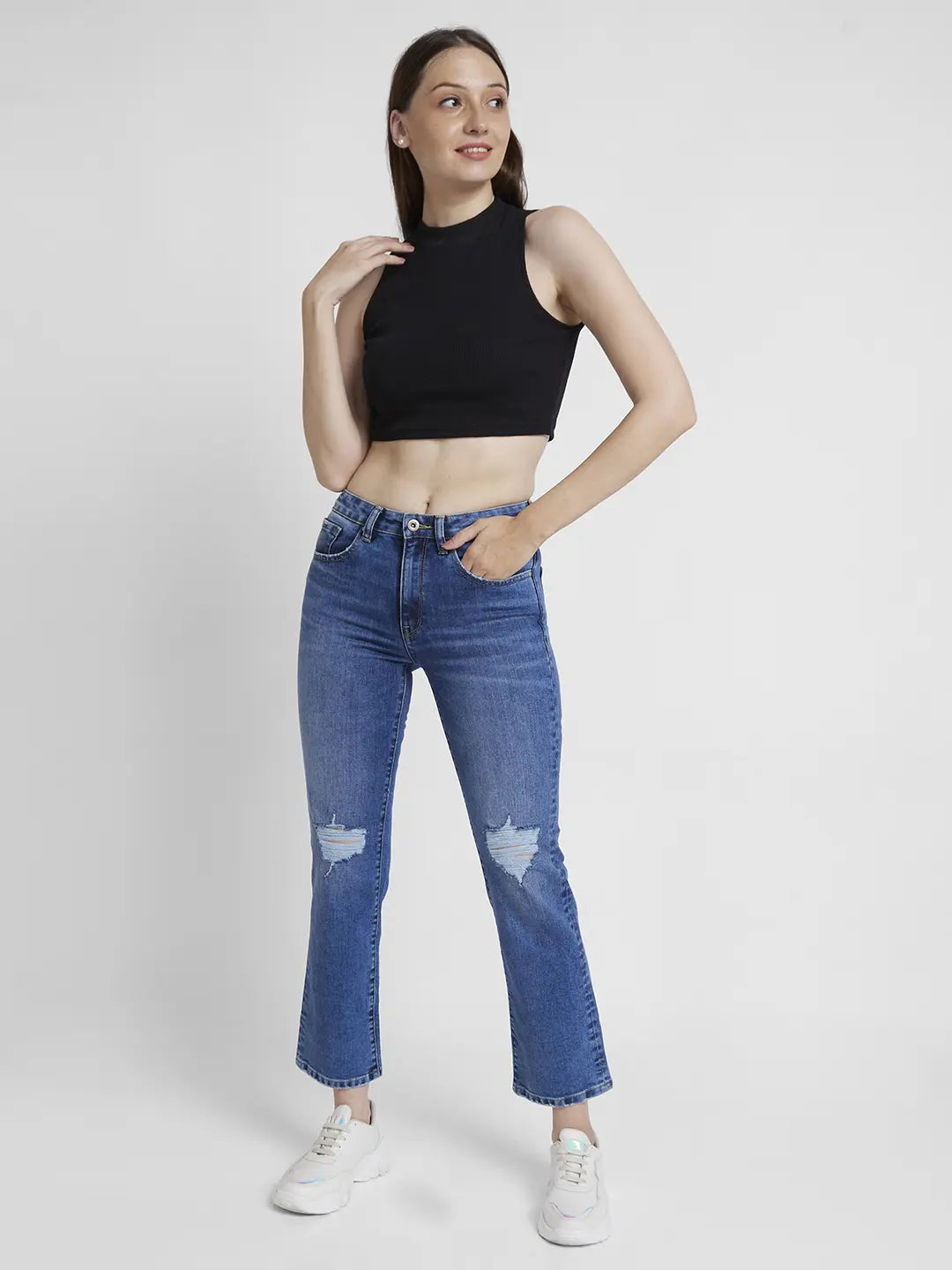 Women Mid Blue Lycra Slim Straigth Fit Ankle Length Slash Knee Jeans -(Emma)