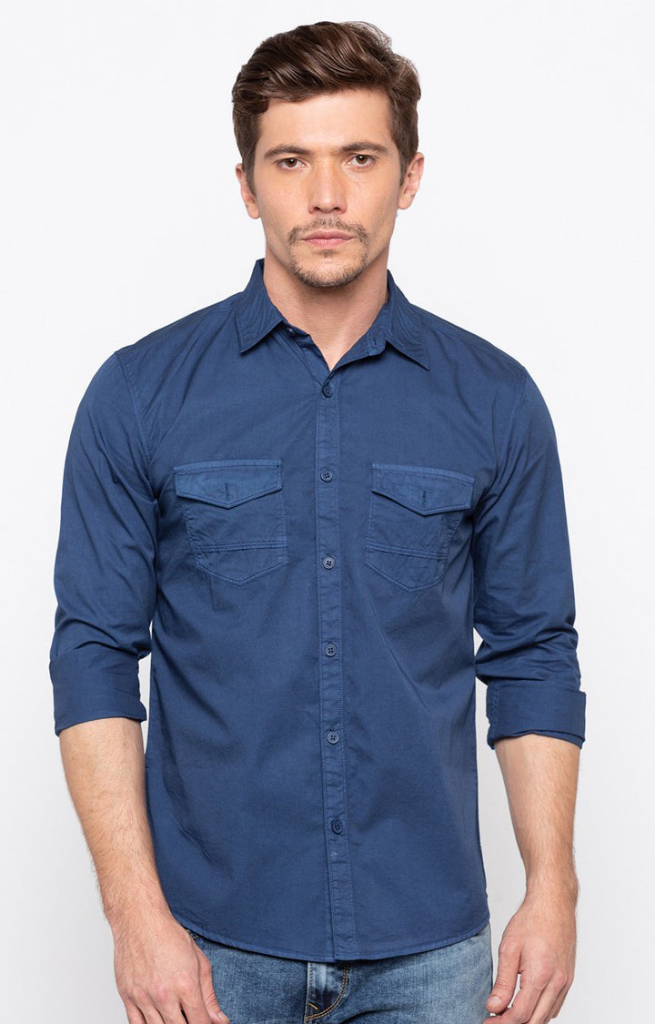 Spykar Men'S Blue Cotton Solid Casual Shirts