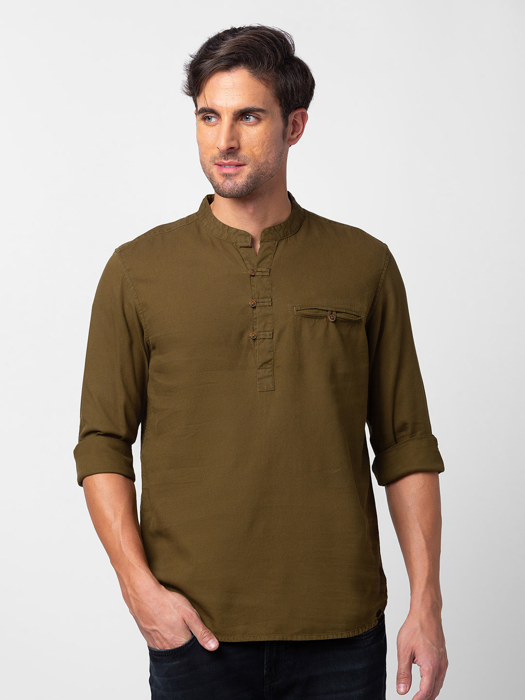 Spykar Men Military Green Cotton Slim Fit M and arin Collar Plain Kurta