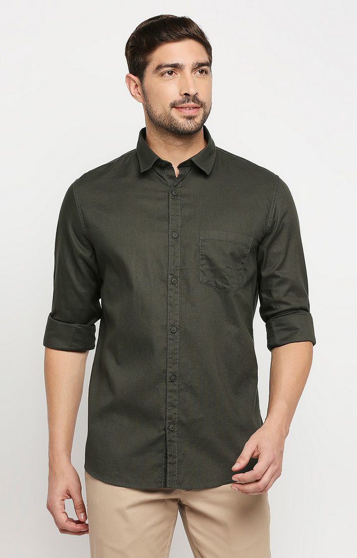 Spykar Men Green Cotton Regular Fit Full Sleeve Casual Shirt