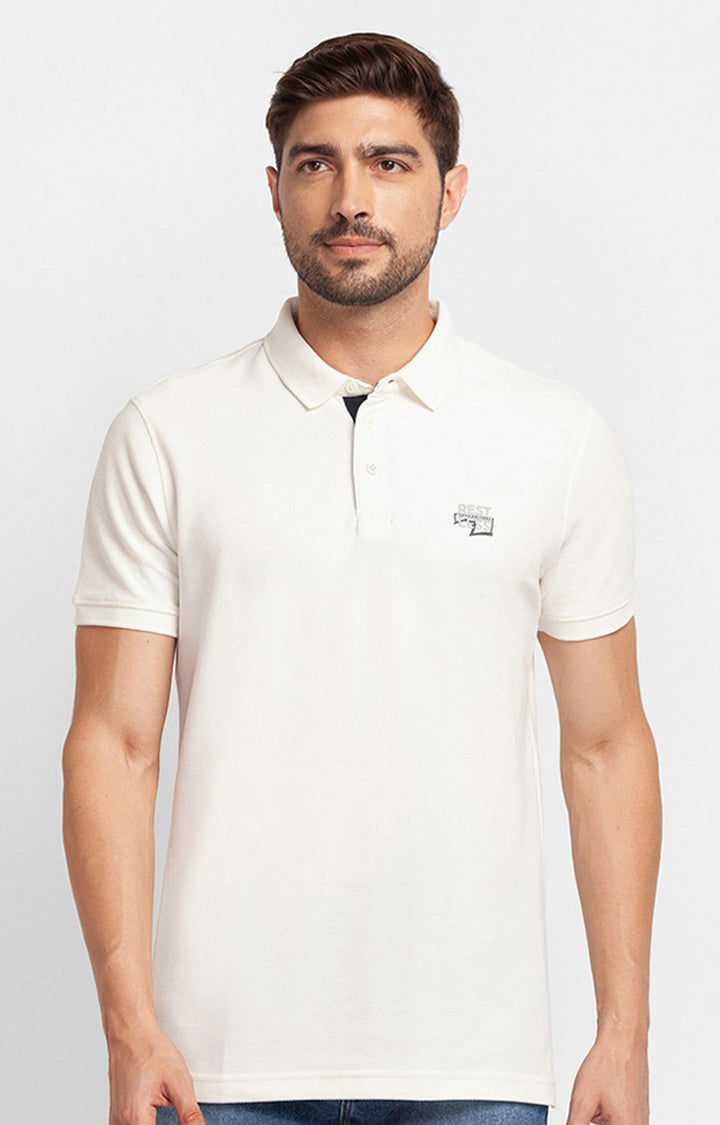 Spykar White Cotton Half Sleeve Plain Casual Polo T-Shirt For Men