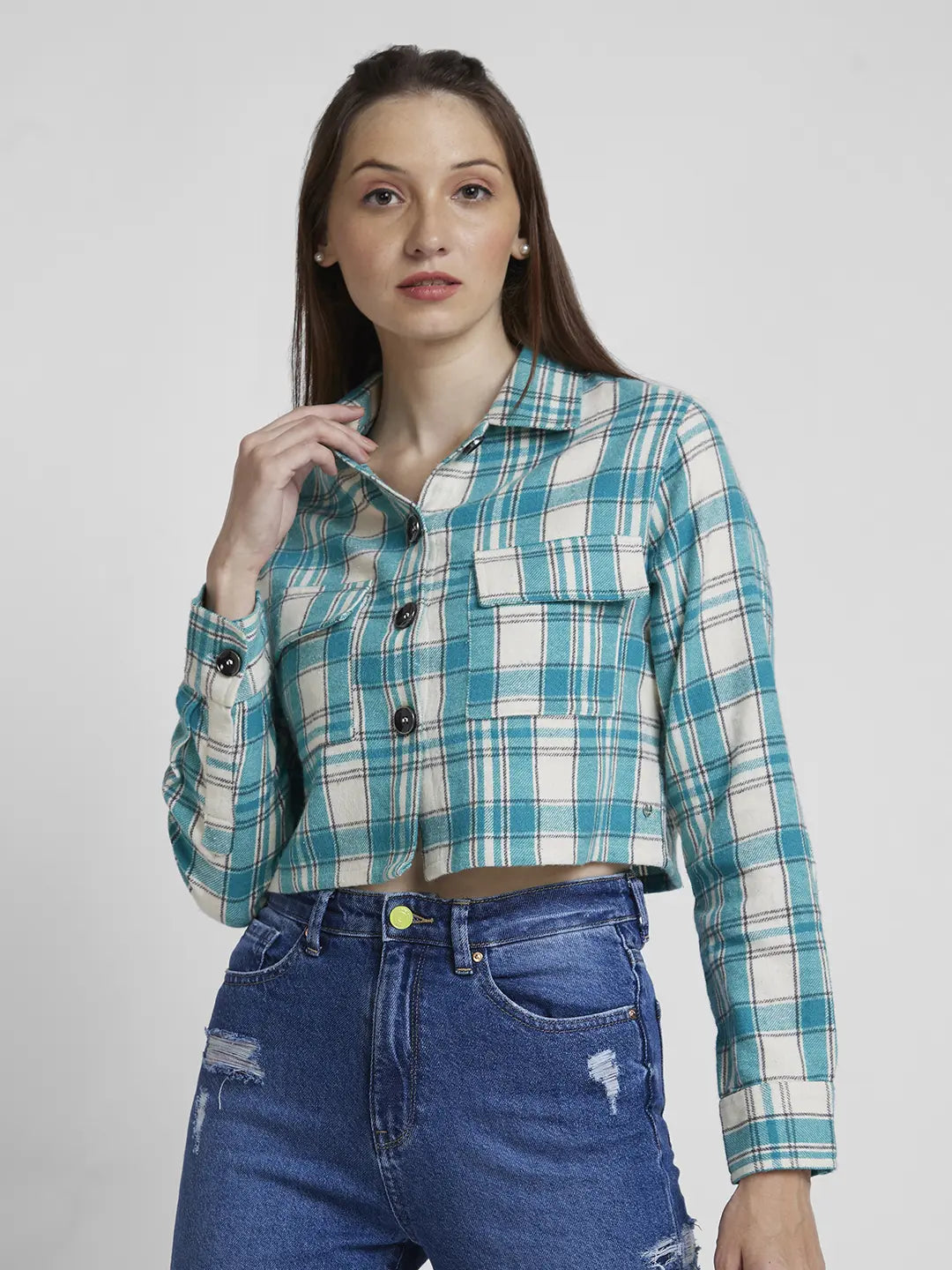 Buy Online Spykar Women Green Cotton Oversize Fit Full Sleeve Checkered Crop Shirt