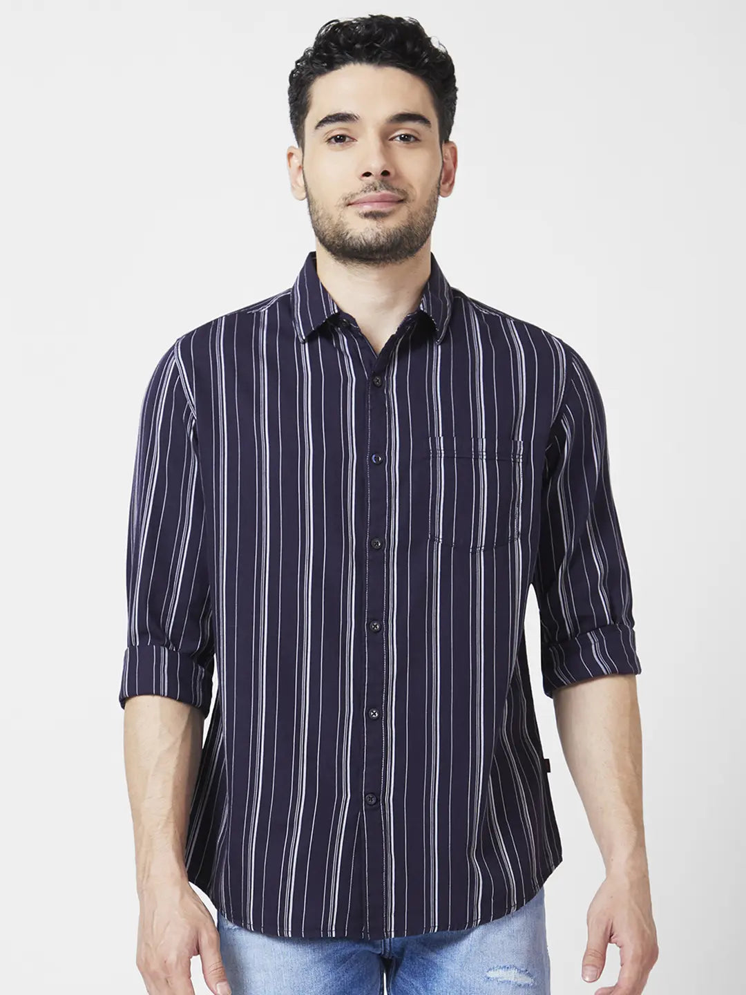 Spykar Men Navy Blue Cotton Slim Fit Full Sleeve Striped Shirt