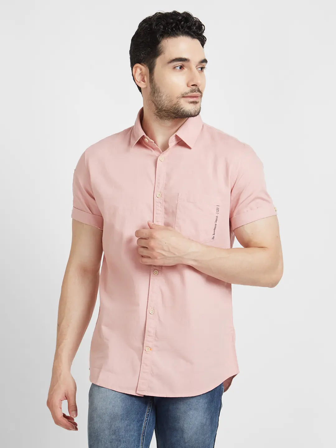 Spykar Men Dusty Pink Twill Regular Slim Fit Half Sleeve Plain Shirt