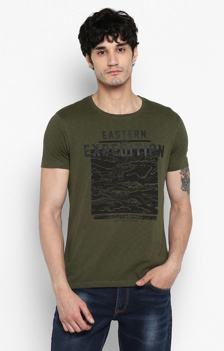 Spykar Olive Green Printed Slim Fit Men T-Shirts