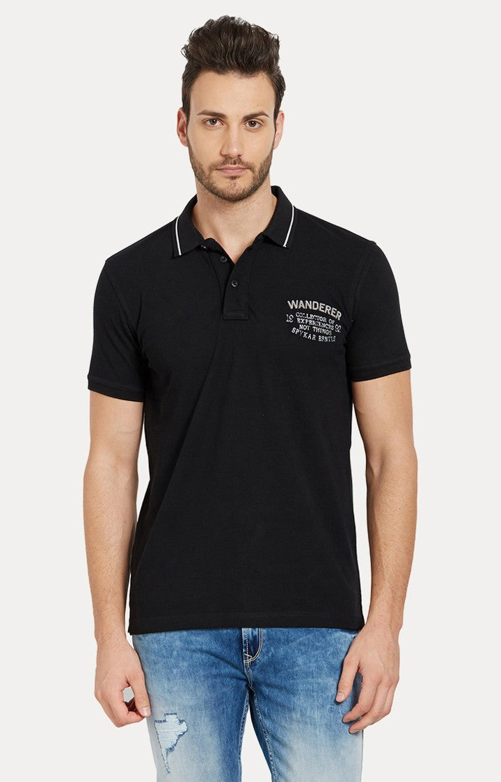 Spykar Black Solid Slim Fit Polo T-Shirt