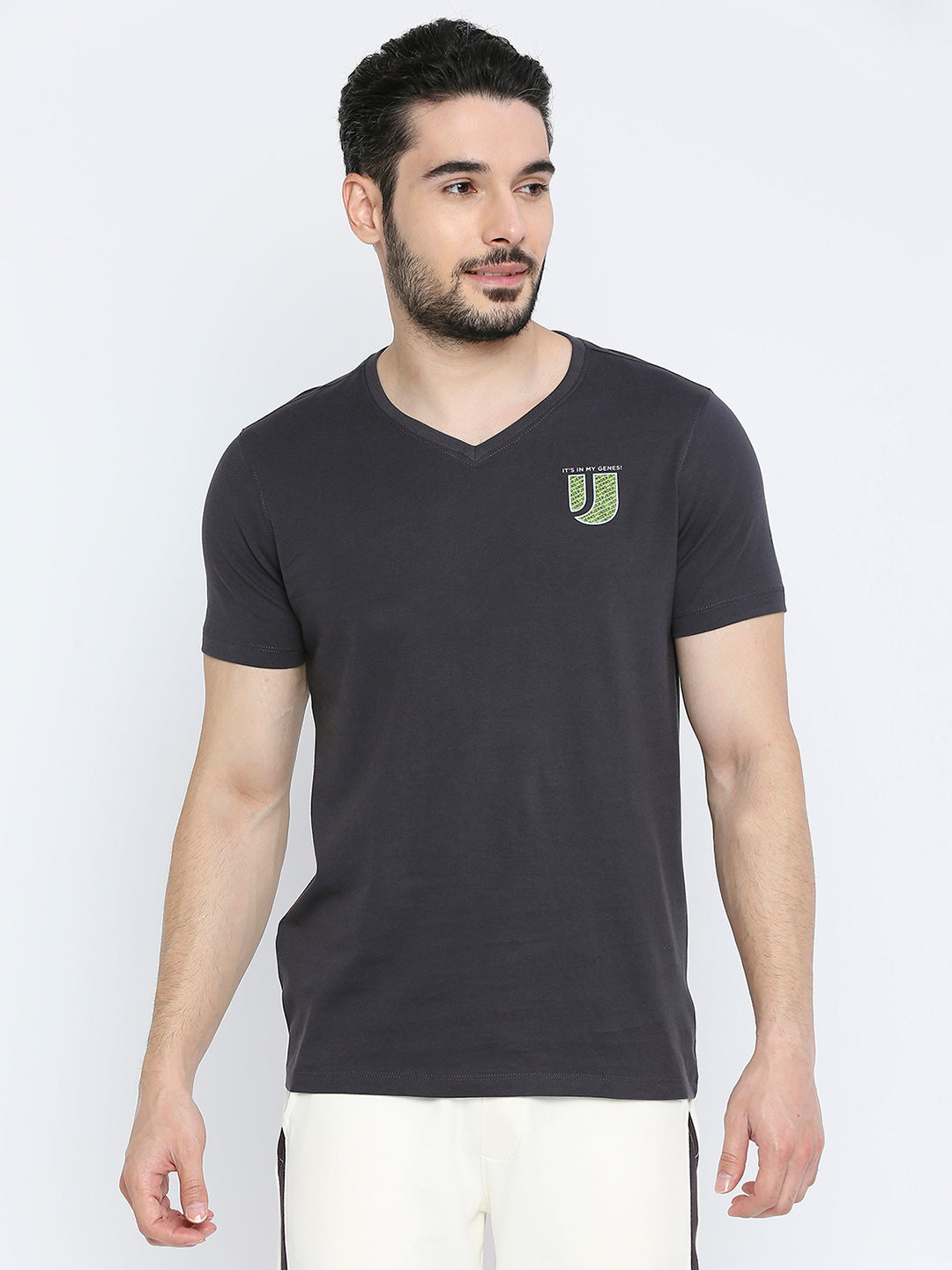 Men Premium Slate Grey Cotton V Neck T-Shirt- Underjeans By Spykar