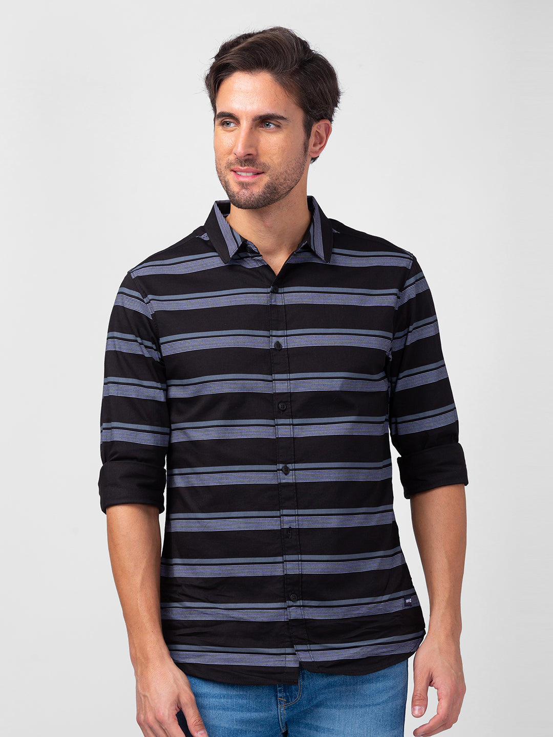 Spykar Men Black Cotton Slim Fit Striped Shirts