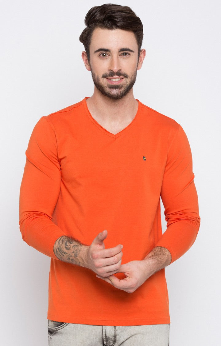 Spykar Orange Solid Slim Fit Men T-Shirts