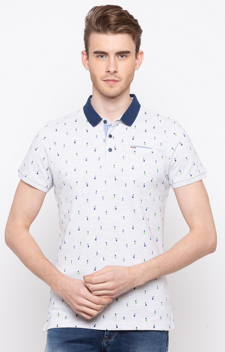 Spykar White Printed Slim Fit Polo T-Shirt