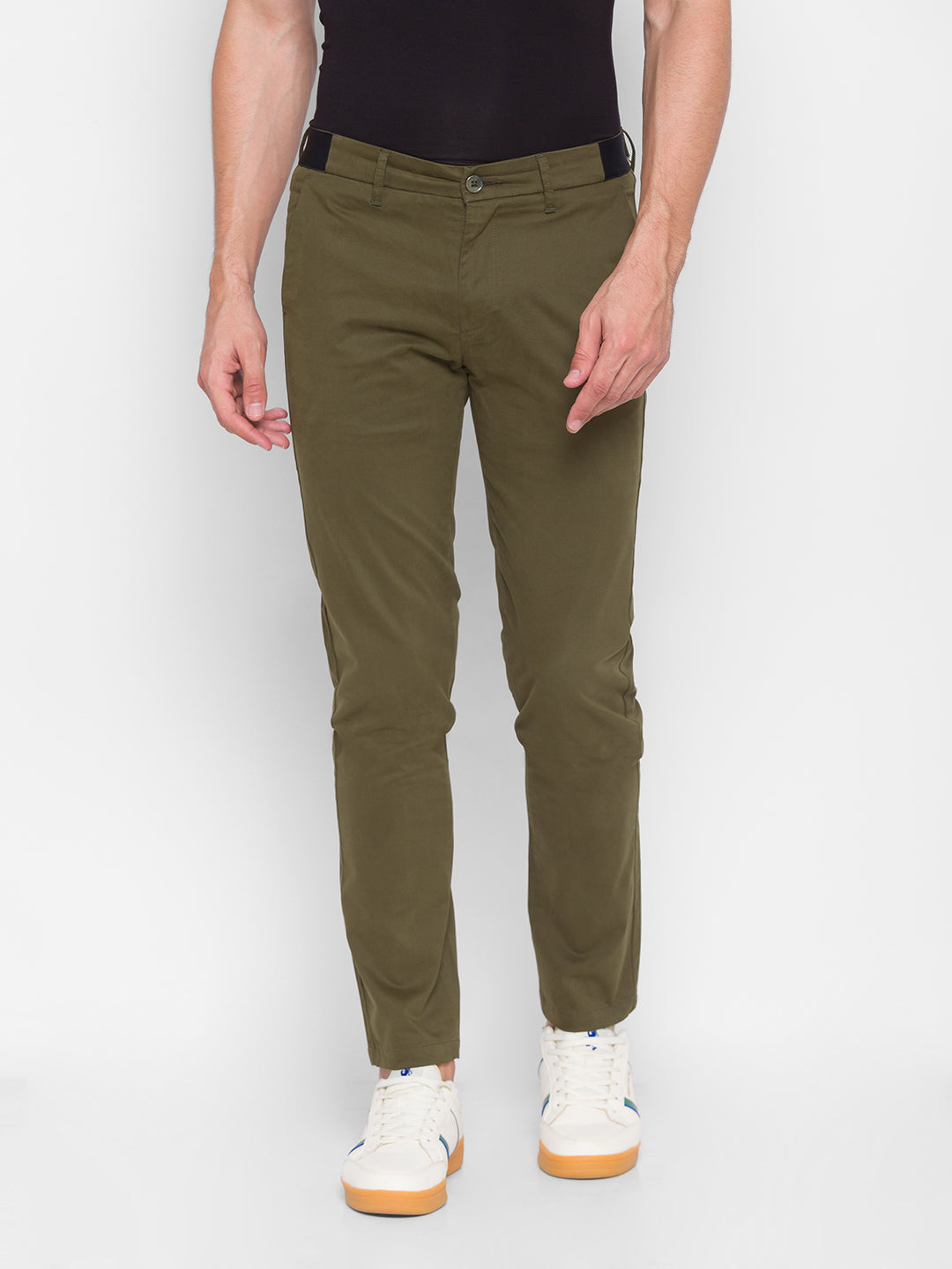 Spykar Men Green Cotton Slim Fit Casual Trousers