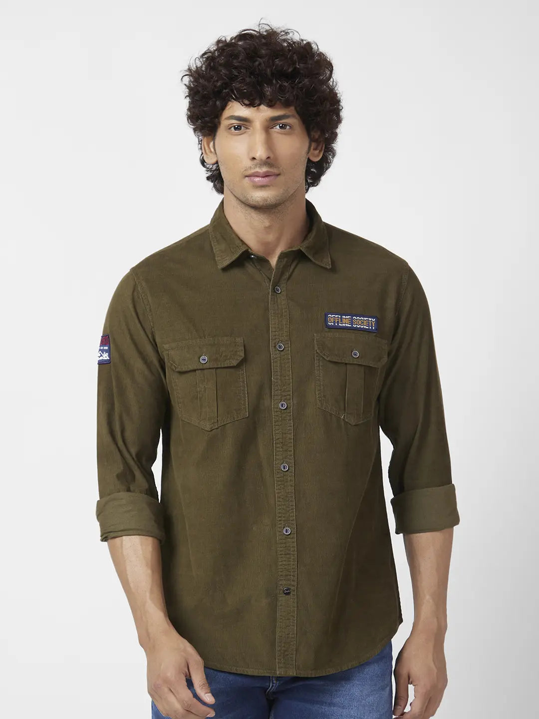 Spykar Men Military Green Dyed Regular Slim Fit Full Sleeve Denim Shirt