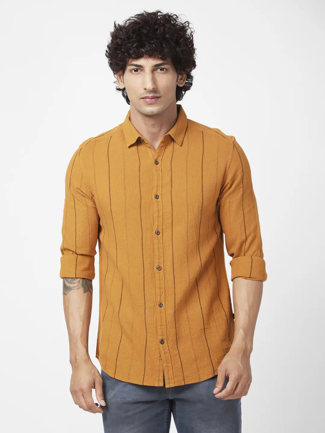 Buy Spykar Men Dark Mustard Yellow Cotton Slim Fit Full Sleeve Casual Striped Shirt Online