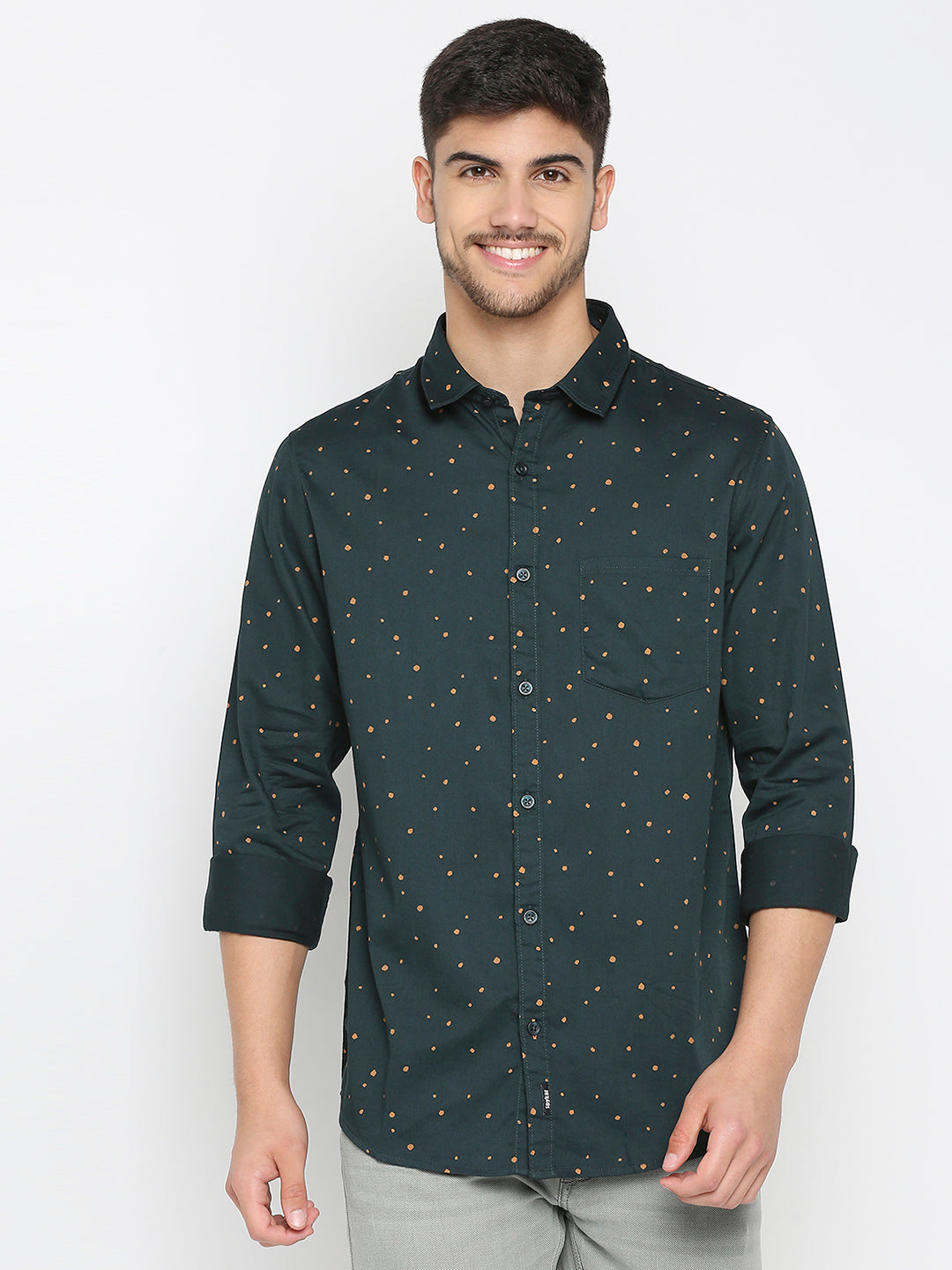 Spykar Bottle Green Cotton Full Sleeve Printed Shirt For Men